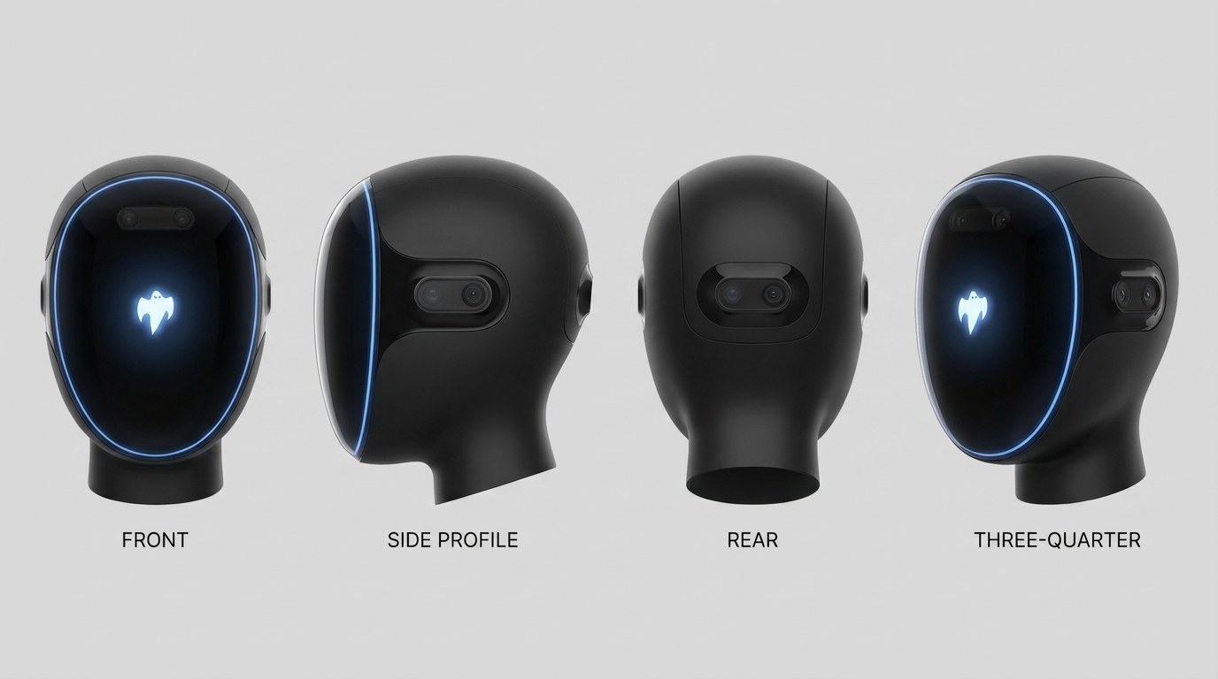 Unit 01 head orthographic turnaround: front, side, rear and three-quarter views of the four-camera ring